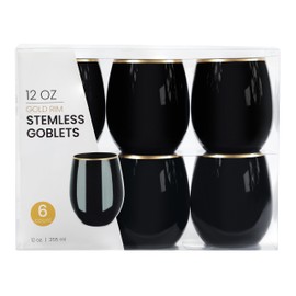 PLASTICPRO 12 Pack Black With Gold Rim Plastic Wine Glasses Stemless Disposable 12 oz BPA Free Shatterproof Plastic Wine Cups Wine Glasses for Parties