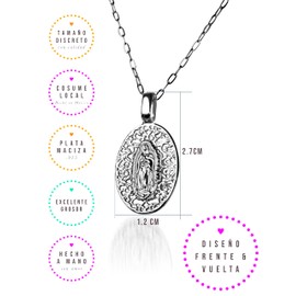 JARDIN DE MATATENA joyería | Dije LA VIRGEN DE GUADALUPE EN MARCO TIPO FILIGRANA | diseño frente y vuelta | elaborado en fina plata mexicana LEY .925 | incluye cadena de obsequio en plata LEY .925 | producto hecho a mano