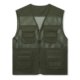 Wirltte Mens Fishing Vests Gilet Lightweight Outdoor Work Cargo Mesh Jacket With Multi Pockets Army Green L