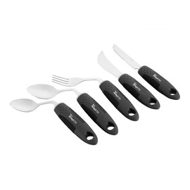 Restaurantware Adaptive Utensil Set (5-Piece Set) Black Right-Hand Stainless Steel Adaptive Utensils Lightweight Non-Slip Easy Grip Spoons, Knives, Fork for Elderly, Arthritis, Tremors, Parkinson's
