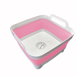 Leemeimei 9L (2.4Gal Dish Basin Collapsible with Drain Plug Carry Handles, Space Saveing Kitchen Storage Tray Dish Wash Basin, Portable Dish Tub for Camping,RV,Pink