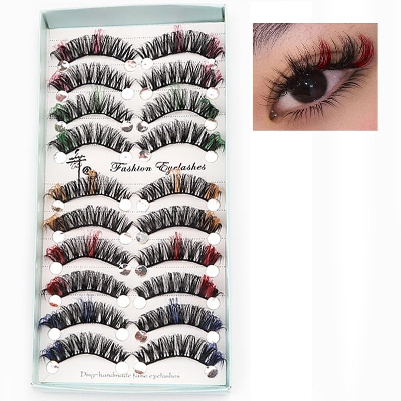 10ペア カラフルまつげ 3Dフェイクミンク ふわふわまつげ ボリューム マルチレイヤー アイまつげ ハンドメイドエクステ