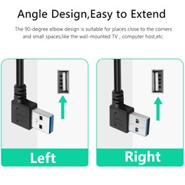 GELRHONR 90 Degrees Short USB 3.0 Extension Cable 0.2M Type A Male to A Female Extension Cord Data Transfer Extender Cable for USB Flash Drive/Hard Drive (Black-0.2M-Right)