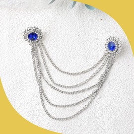 Vintage Rhinestone Brooch for Men Blue and Silver Crystal Tassel Chains Brooch for Suit Pinwheel Shirt Collar Lapel Pin Dad Fathers Day Outfit Accessory