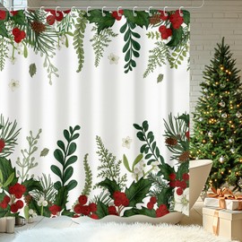 Moutina Christmas Shower Curtain, Holly Xmas New Year Holiday Winter Decor Bathroom Curtain Set - 72x72 Inch Waterproof Polyester Fabric with Hooks