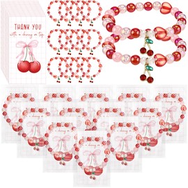 Quelay 25 Sets Cherry Bracelet Gifts with Thank You Cards Bulk Bridal Shower Party Favors Cherry Party Themed Gifts Heart Charm Bracelets for Women Bridesmaids Baby Shower Birthday Friendship Jewelry