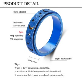 OreilleStar Anxiety Ring for Women Spinner Ring Fidget Ring Stainless Steel Fidget Toys Adults Moon Star Blue Size 8