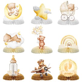 ZABARE Baby Shower Table Decoration, 9 Pieces Gender Reveal Party Decoration with Bear Motif Honeycomb Centrepiece Table Decoration Girls or Boys, Boy or Girl Decoration, Baby Shower Table Toppers