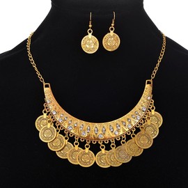 fdsmall Jewellery Set for Women Earrings Necklace Clavicle Pendant Set Vintage Coin Pendant Boho Ethnic National Style Costume Festivals Customs Statement Gifts (Gold)