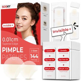 Sosky Pimple Patches for Face, 0.01 Invisible+ Hydrocolloid Acne Patches, Zit Sticker for Face and Skin, Pimple Patches for Covering Zits, Blemishes with Salicylic Acid 2 Sizes 144 Count