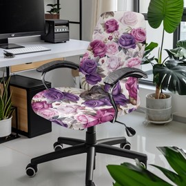 Uorisanigo Purple Pink Rose Desk Chair Cover Office Chair Seat Cover Universal Rotating Chair High Back Office Seat Cover Removable Computer Chair Cover