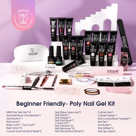 ROSALIND Poly Nail Gel Kit -14 Colors + 67 Nail Art Accessories kitClear Pink Glitter Gel Builder with Mini U V Nail Lamp Nude Pink Nail Strengthener 3D Molding Gel for Starter Poly Nail Gel Kit