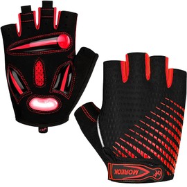 MOREOK Cycling Gloves,Half Finger Mountain Bike Gloves 5MM SBR+Liquid Gel Padded Anti-Slip Shock-Absorbing Touchscreen MTB Gloves Bicycle Gloves for Men Women Red-S