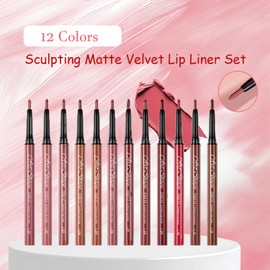 Sculpting Matte Velvet Lip Liner Set, 12 Colors Matte Lip Liner Pencil Lipstick Set, Smooth Creamy Texture,Waterproof High Pigmented Lipliner for Girls Daily Application Lip Makeup