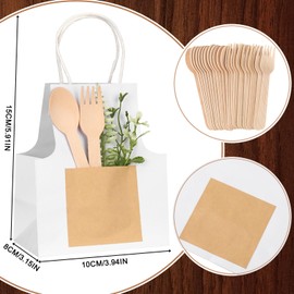 CHENGU 12 Pcs Paper Gift Bags with Small Silverware Pockets White Cutlery Bags with Handles 12 Pcs Wooden Fork and Spoon Silverware Holder for Christmas Birthdays Weddings Party Gift Wrapping