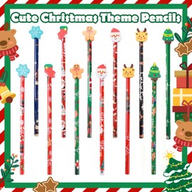 12 Pcs Christmas Pencils Bulk with Erasers, 12 Unique Xmas Themed Design for Christmas Goodies Prize Gift Favor Party Supplies