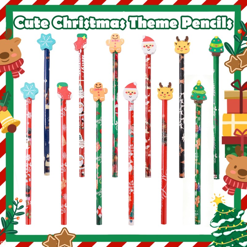 12 Pcs Christmas Pencils Bulk with Erasers, 12 Unique Xmas