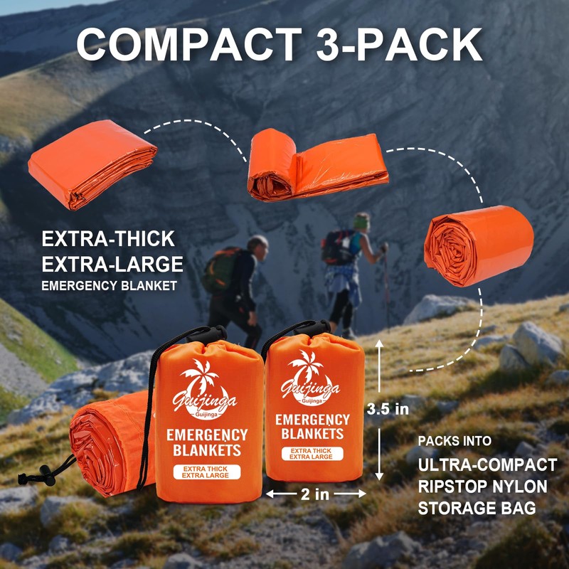 Guijinga 3-Pack Emergency Blanket, Extra-Thick Extra-Large Survival Blanket, Thermal Reflective