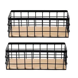Yuikome 2 Packs Metal Storage Basket with Wooden Base, Decorative Basket for Home Storage, Wire Basket for Organising Small Tableware