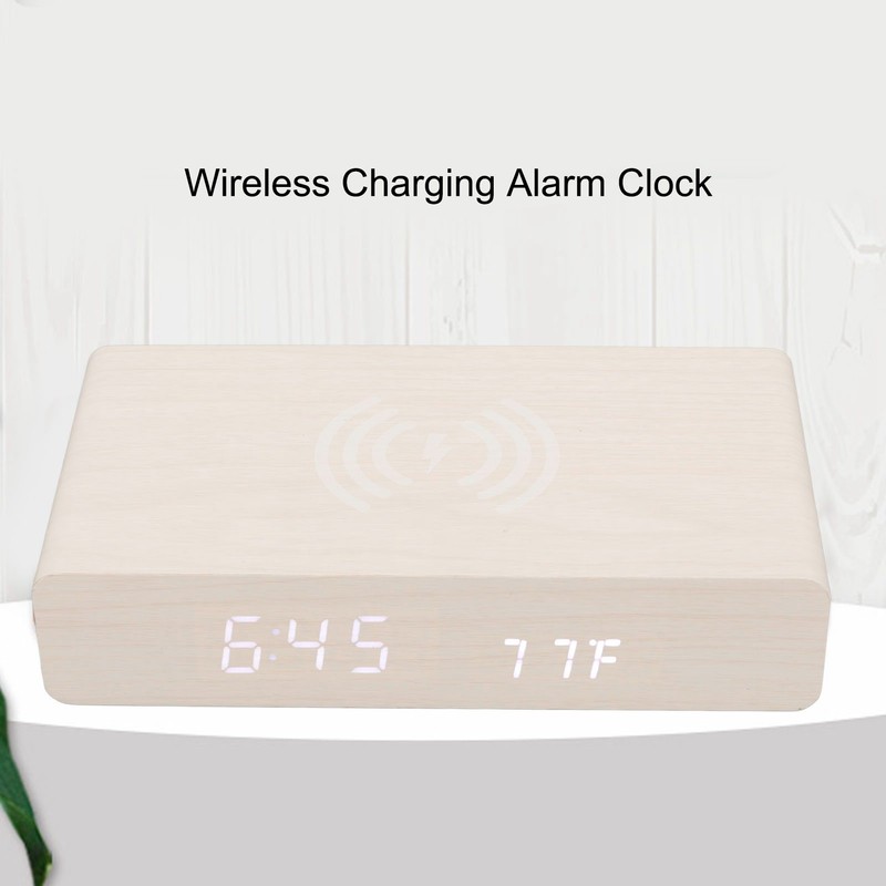 Wooden Digital Clock Wireless Charging Function 3 Brightness Electric Alarm