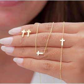 Kysin Chiys Dainty Cross Jewelry Set Sparkling Rhinestones Earrings Bracelet Necklace Set for Women Religious Faith Cubic Zirconia Cross Studs Earrings Jewelry Set - Gold 02