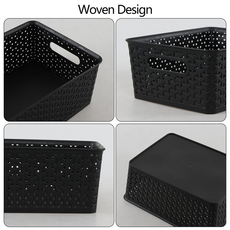 Gainhope 4-Pack Plastic Woven Storage Baskets, Black Pantry Storage Basket