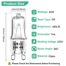 WinDerMo G9 Halogen Bulbs, Pack of 12, Halogen G9 40 W 230 V Dimmable Halogen Bulbs, G9 Capsule Bulbs Non-Flicker, Warm White Lamps 2700 K for Oven Lamp, Ceiling Lights, Candlesticks