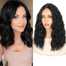 Fabunity 18 Inch Synthetic Wavy Wig Heat Resistant Middle Part Lace Front Wig for Women Natural Looking Medium Length Black Wigs for Daily Use (1B)