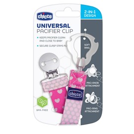 Chicco Two-in-One Pacifier Clip with Loop and Ring Attachments | Loop for Teethers and Small Toys | Ring Included for Knob-Style Pacifiers | Secure Clasp is Gentle on Clothing | Pink