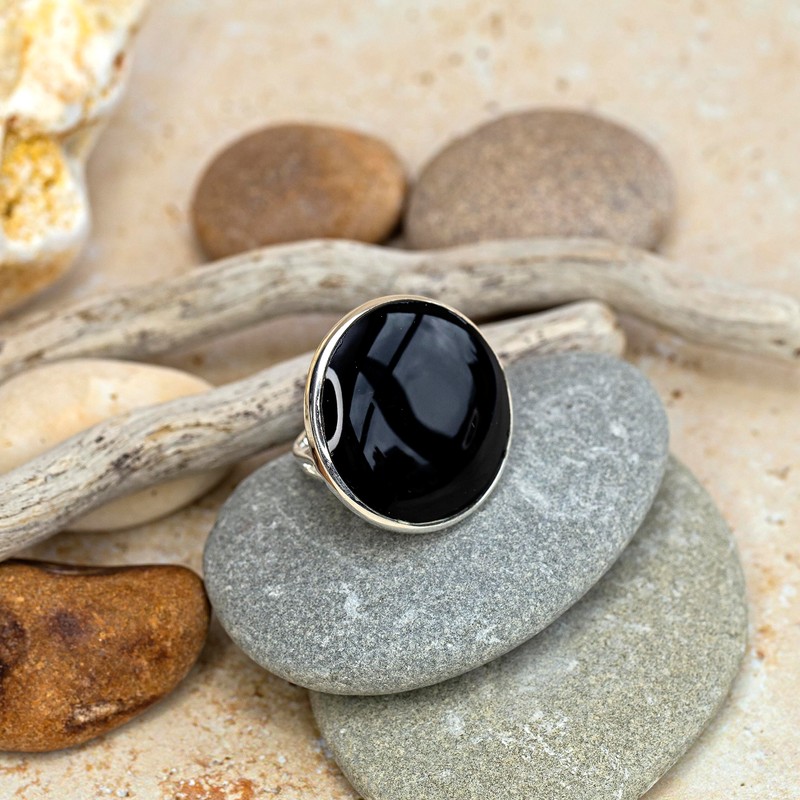 Tuscany Silver Large Round Onyx Ring - Size P