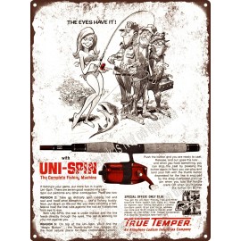 1975 True Temper Fishing Reel Uni-Spin Bikini Babe Metal Sign 9x12" A335