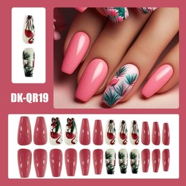 Pink Press on Nails Long Coffin Fake Nails with Design Pink Glue on Nails Glossy Spring Nails Reusable Summer False Nails for Women Girls Manicure 24pcs