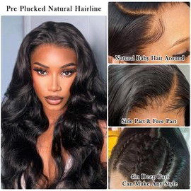 urno ble 13x4 Body Wave Lace Front Wigs Human Hair Pre Plucked with Baby Hair 180% Density 13x4 HD Transparent Lace Front Wigs for Black Women Natural Black Wigs(28inch)