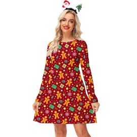 Ladies Christmas Dress Women's Xmas Gingerbread Gift Outfits Casual A-Line Holiday Dresses 2XL