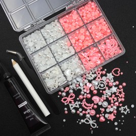 VOTACOS Flatback Nail Art Pearls 3D Heart Bow Nail Charms with Nail Rhinestones Glue Gel White Pink Nail Gems Supplies 2-6mm Mixed Sizes Nail Pearls for Women Acrylic Nail Tips Manicure Decor