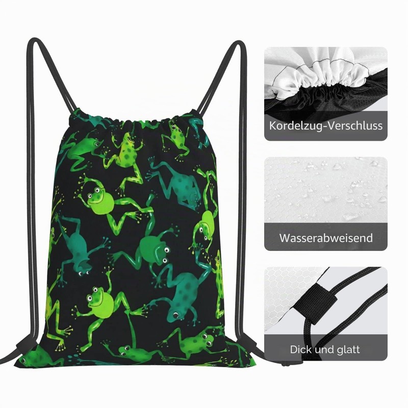 Richugui Backpack with Drawstring, Green, Black, Frogs, Drawstring Bag, Sports,