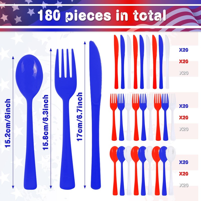 FULJOOY 180 PCS 4th of July Independence Day Plastic Silverware