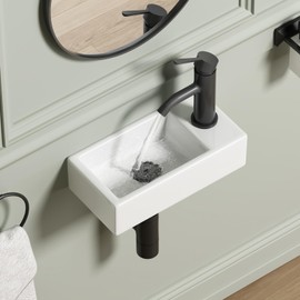 Small Wall Mount Vessel Sink, QISHKA 14.4" x 7" Ceramic Rectangle Wall Hung Bathroom Sink White Mini Wash Basin, Save Space for Narrow Bathroom (Right Hand)