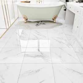 WESTICK White Marble Peel and Stick Bathroom Floor Tile Self Adhesive Vinyl Tiles Peel and Stick Floor Waterproof Vinyl Flooring for Kitchen Bedroom Living Room Garage Camper RV 10 Pcs 12 x 12 inch