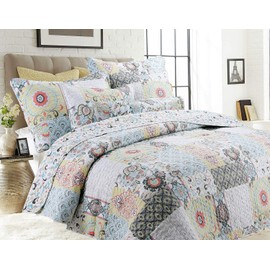 Cozy Line Home Fashions Moorea Floral Gray Yellow Coral Aqua Blue Patchwork Microfiber Reversible Bedding Quilt Set, Coverlet, Bedspread (Fleur-de-lis, Queen+Décor Pillows - 6 Piece)