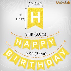 Uniwish Happy Birthday Banner Gold Birthday Decorations for Kids Adults, Assembled Reusable Happy Birthday Sign Bday Party Decor Photo Backdrop
