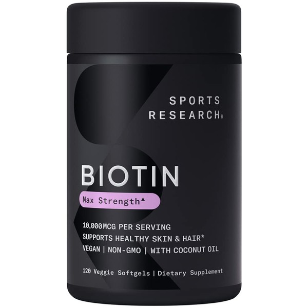Sports Research Vegan Biotin 10,000mcg with Coconut Oil - Max Strength Biotin Vitamin B7 for Skin and Keratin Support - Non-GMO & Gluten Free, 120 Softgels (4 Month Supply)
