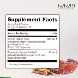 kokora kokora Reishi Vitality - Organic Adaptogenic Mushroom Supplement - Includes Potent Extracts of Reishi and Ashwagandha - 60 Capsules - 30 Servings