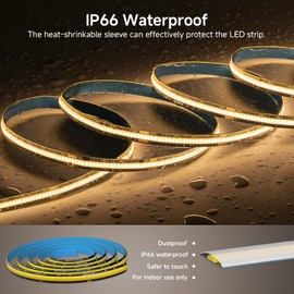 BTF-LIGHTING FCOB IP66 Waterproof Natural White 4000K Dimmable LED Strip 5 m 336LEDs/M 8 W/M 24 V 8 mm Black PCB Flexible High Density COB LED Strip for Outdoor Indoor Decoration (Strip Only)