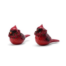 Napco Cardinal Birds Wearing Berry Wreath - 6 x 4.5 Inch Red Resin Decorative Holiday Figurine; Assorted Set of 2