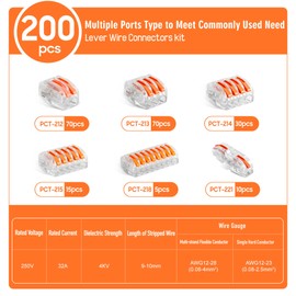 Kuject 200PCS Lever Wire Nuts Connectors Kit with 2/3/4/5/8 Conductor Combination, Electrical Lever Wire Connectors Push-in AWG 28-12, Wire Quick Connectors with 2 Circuit Inline Splices