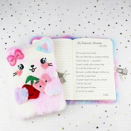 Amonk Secret Diary with Lock for Girls, Fuzzy Cat Kids Journal Tie-Dye Notebook for Writing and Drawing, Hardcover Fluffy Secret Diary with Stickers