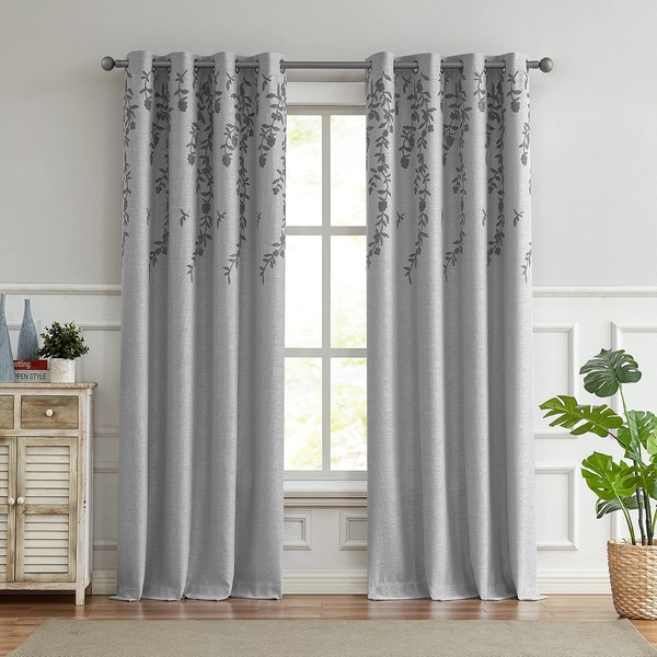 Melodieux Flower Embroidery Faux Linen Room Darkening Wide Curtains for Living Room Patio Door Large Window Grommet Drape, Grey Flower, 100 by 84 Inch (1 Panel)