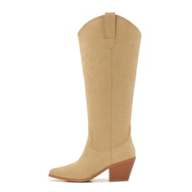 Aizhenzm Beige Wide Calf Cowgirl Boots Women Knee High Boots Pointed Toe and Block Heel Cowboy with Embroidered size 8 wide