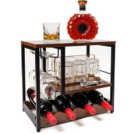 FiloxeniaOasis Freestanding Countertop Wine Rack, 4 Bottles & 3 Glass Slots Wine Storage, Wooden & Metal Wine Cabinet Shelf, Space-Saving Liquor Holder for Home Bar, Kitchen & Pantry
